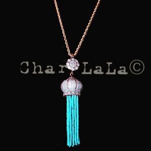 Pave Crystal Dome & Turquoise Tassel Necklace